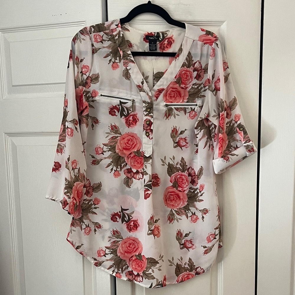 Rue21 Floral Blouse - Pink and Cream